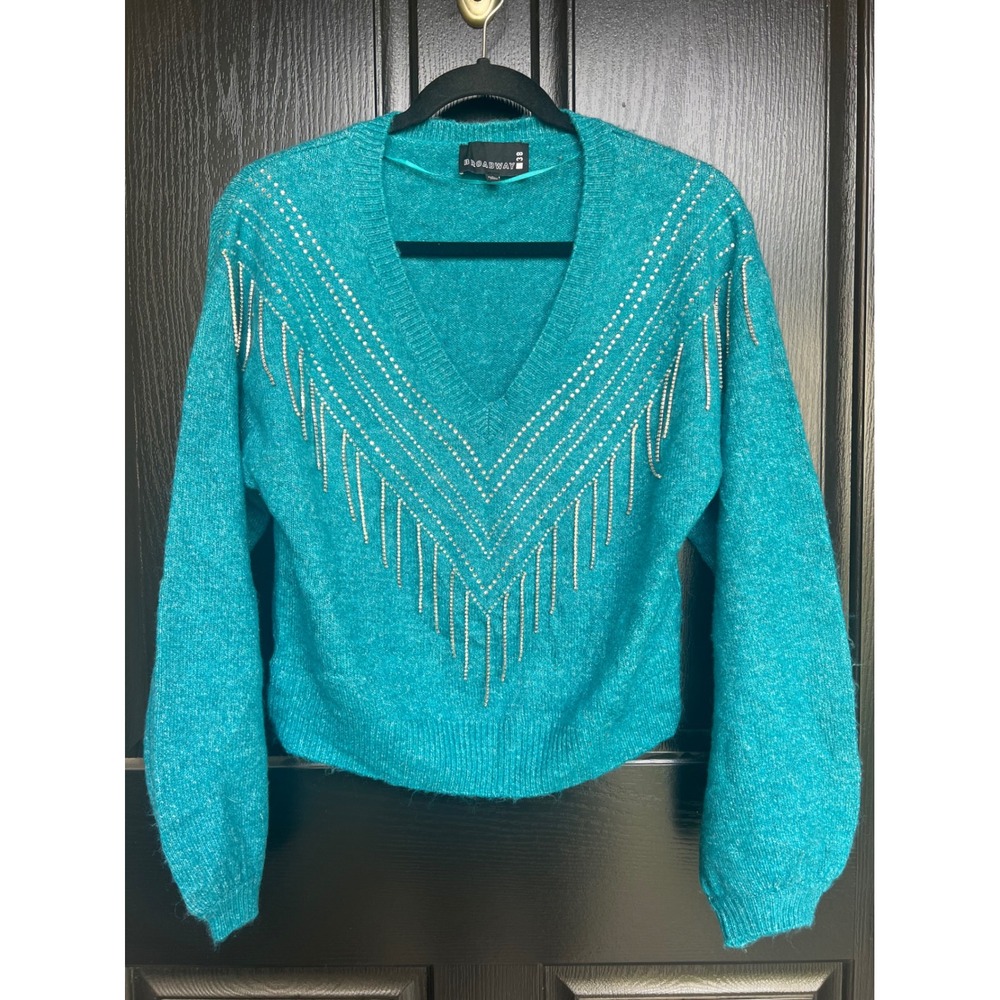 Broadway 38 Teal Blue Rhinestone Fringe V-Neck Sweater Small
